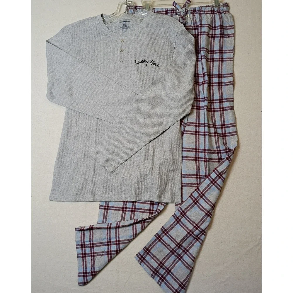 Lucky Brand Mens Pajama Set Medium Grey Waffle Henley Red Blue Plaid Pants